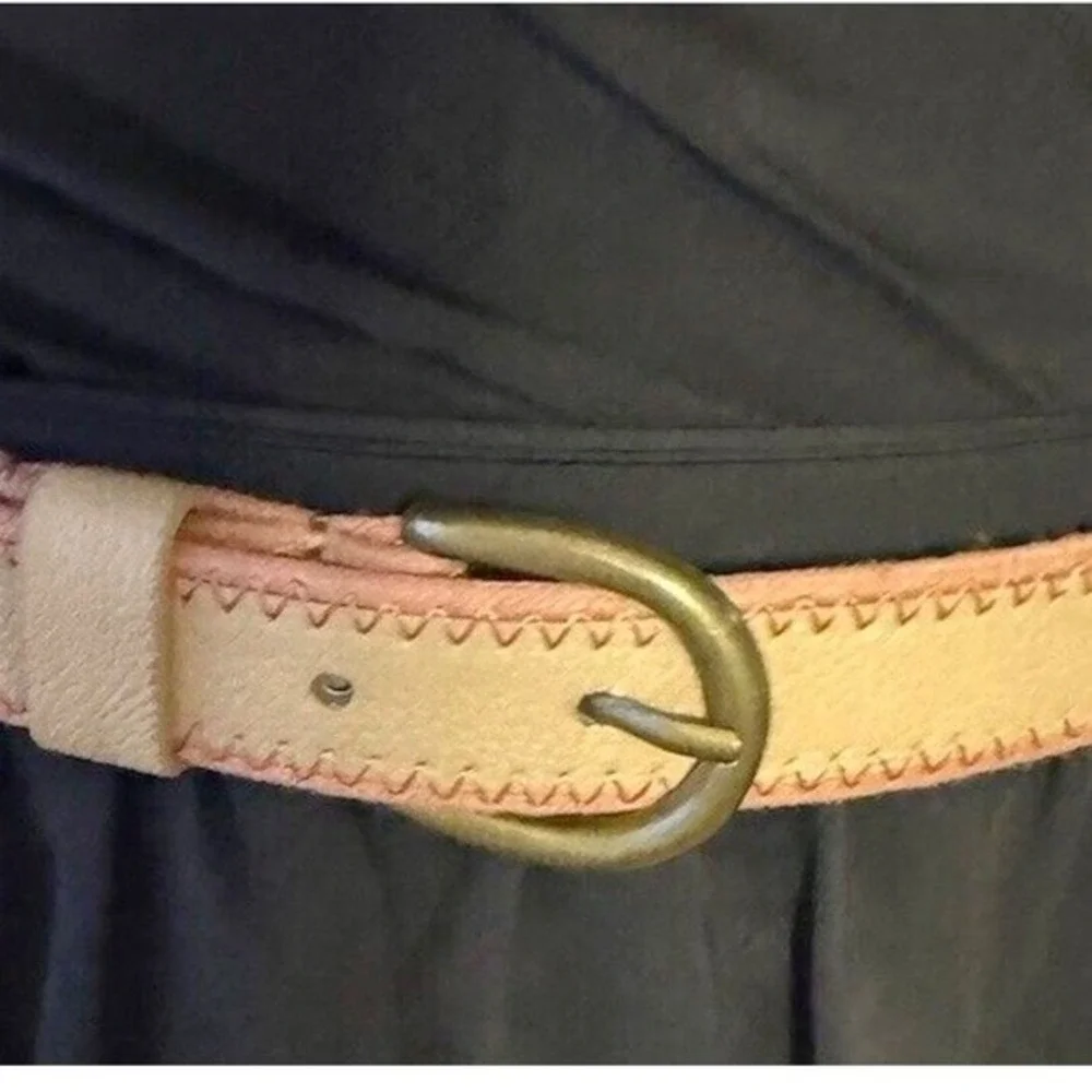 LOFT Skinny Belt Beige Tan Pebbled Faux Leather Pink Whipstitch‎ S Preppy 47-66